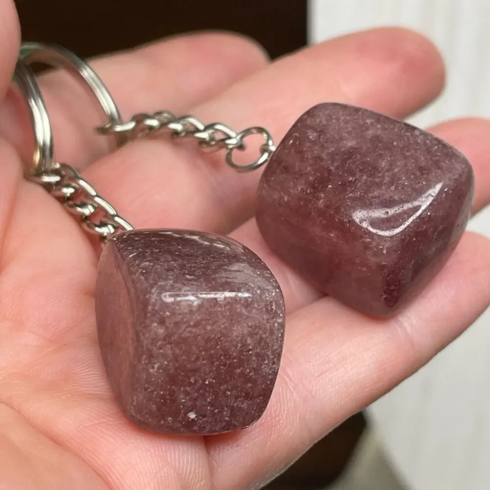 Strawberry Quartz tumble keychain key ring pendant chain NEW pink natural